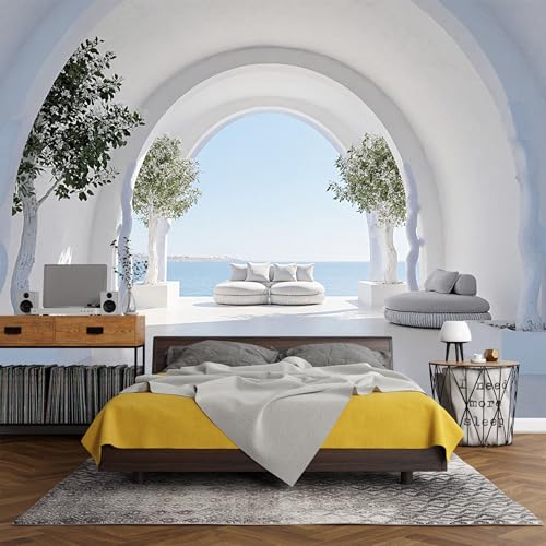 Mural de pared impreso en 3D de tamaño personalizado, arco mediterráneo costero, vista al mar, arquitectura blanca minimalista, impresiones artísticas autoadhesivas (sin PVC), papel tapiz extraíble
