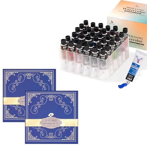 MeiLiang 36 Colors Watercolor Paint with Plastic Storage Box and Paul Rubens 5.5 x 5.5 Inches Organ Style Watercolor Paper, 140lb/300GSM 50% Cotton Cold Pressed Pack of 2 (14 Sheets)