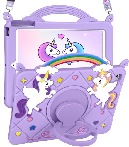 SurgeCraft for iPad Mini 4th/5th Generation 7.9" Case - Kawaii Cute for iPad Mini 4th/5th Gen Cover Soft Silicone Purple Unicorn Funda with Strap & Rotating Stand for Girls Teens Girly