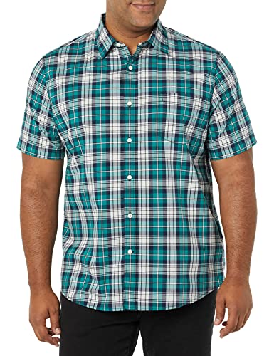 Amazon Essentials Men's Short Sleeve Button Down Shirt, Stretch Cotton, Blue Peach Plaid, Available in Big & Tall, Teal/White, Plaid, Small