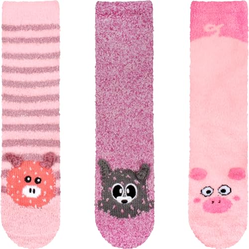Image of BambooMN Super Soft Warm Cute Animal Face Non-Slip Fuzzy Crew Winter Home Socks, Value Pack