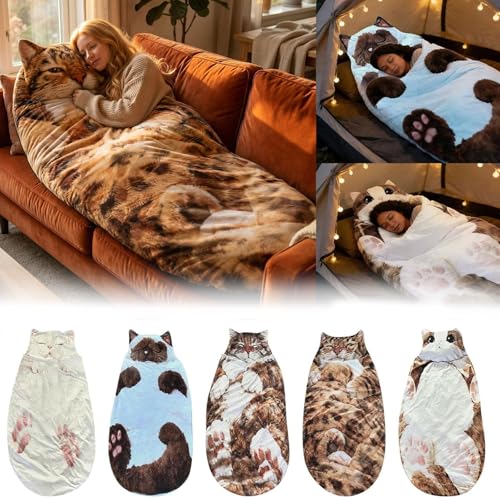 2026 Cat Sleeping Bag for Humans - 175X80CM Plush Adorable Cat Print Envelope Sleeping Bag for Camping Cute Cat Themed Warm Blanket for Home (C)