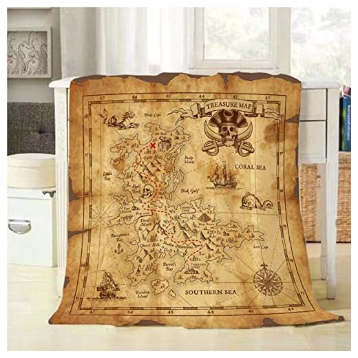 Mugod Map Throw Blanket Treasure Map and Pirate Emblem Sailboat Compass on a Ruined Old Parchment Decorative Soft Warm Cozy Flannel Plush Throws Blankets for Bedding Sofa Couch 50 X 60 Inch