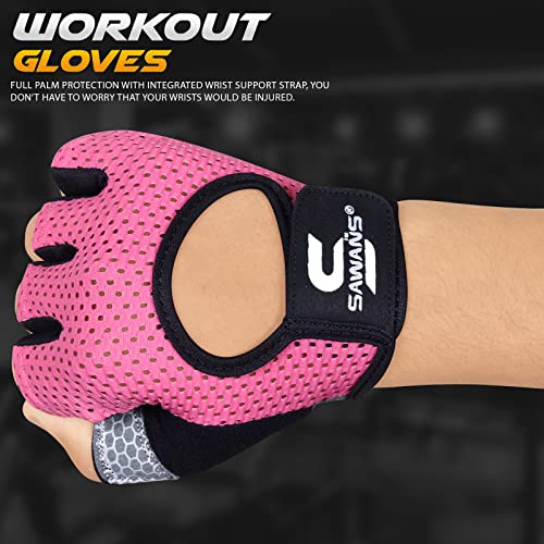 SAWANS Fitness-Handschuhe für Männer und Frauen, Gewichtheben, Fitness-Handschuhe, atmungsaktiv, Damen-Handschuhe, Training, rutschfest, Silikon, gepolsterte Handfläche, Mikrofaser (Small, Pink)