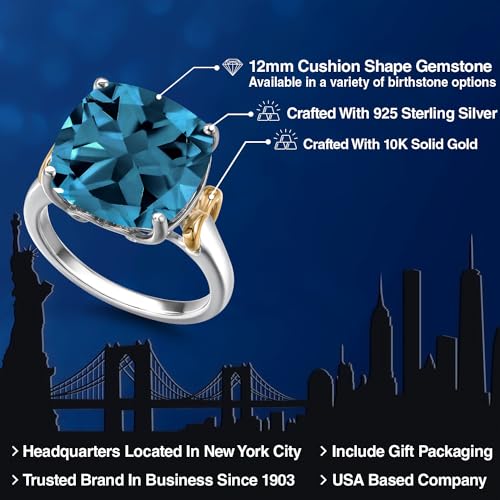 Gem Stone King 5-8 Cttw Gemstone Birthstone Solitaire Engagement Ring | 12MM Cushion Cut | 925 Sterling Silver and 10K Yellow Gold | Wedding Engagement Anniversary Promise Ring For Women2