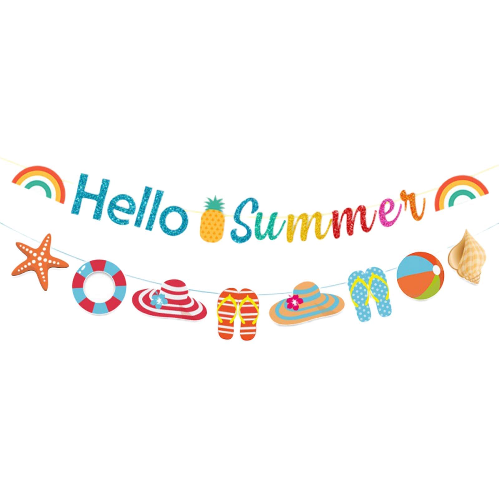 Summer Decorations Hanging Banner, Hawaiian Luau Party Decorations Hanging Garlands Hello Summer Multicolour Glitter Banner, Hawaiian Tropical Summer Beach Party Decorations Supplies