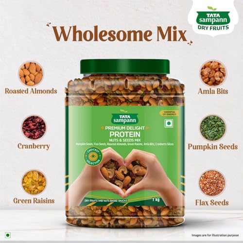 Image of Tata Sampann Premium Delight Protein Nuts & Seeds Mix, 1kg, Protein Trail Mix, Mixed Dry Fruits, Roasted Almonds, Pumpkin and Flax Seeds, Green Raisins, Amla Bits, & Cranberries Slices, Reusable Jar