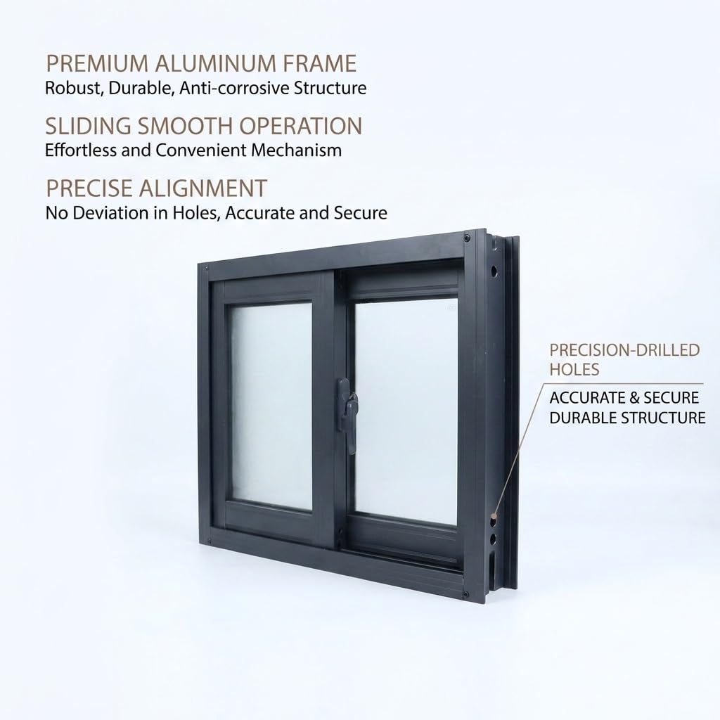 Matowe okno piwnicy z zamkiem i przesuwną konstrukcją Sn do łazienki i uszczelki odpornej na warunki atmosferyczne czarne aluminium (61 cm x 35 cm) – ior Privacy & Ili