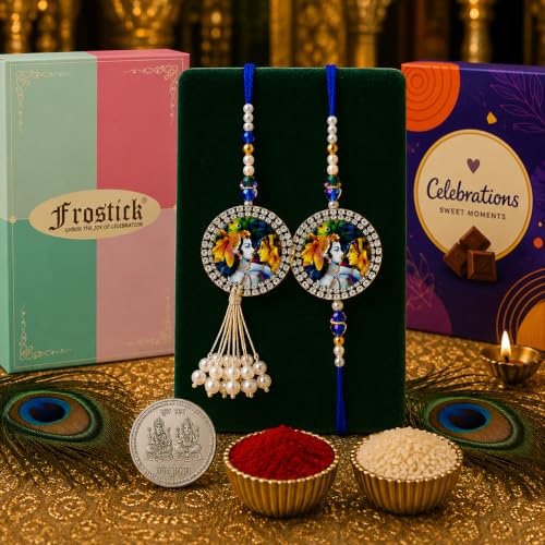 Image of Frostick Celebrate Raksha Bandhan with Bhaiya Bhabhi Rakhi Combo - Designer Rakhi Pair, Cadbury Celebrations, Roli Chawal, Greeting Card & Gift Box for Gifting