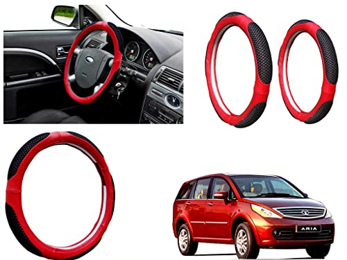 Image of Microfiber Car Steering Wheel Cover, Soft Padding Great Hand Feel, Anti-Slip, Faux Leather Steering Cover for Tata Aria | Black Red Jali - Pack of 1