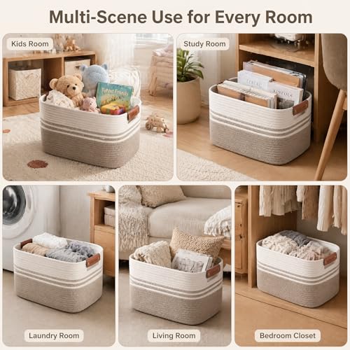 Image of Cotton Rope Laundry Basket Extra Large, 22.8GAL Collapsible Woven Storage Baskets for Living Room Kids Toys Stuffed Animal,Boho Rectangular Decorative Hamper for Dirty Clothes, Blankets White Brown
