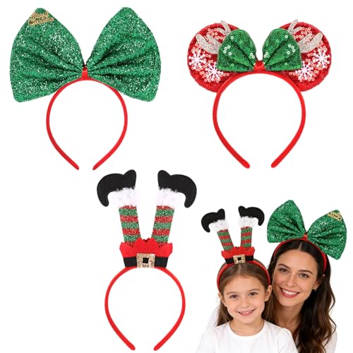 Haarreif Weihnachten,3er Weihnachts Haarreif Weihnachtsmann ＆ Pailletten Schleife ＆ Runde Ohren Weihnachtshaarreif,Weihnachts Kopfschmuck Damen Mädchen Haarbänder für Weihnachtsfeier Accessoires