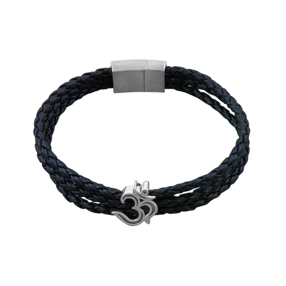 FOURSEVEN® 925 Sterling Silver Auspicious Om Story Bead with Black Triple Layer Faux Leather Magnetic Clasp Bracelet - Medium-to-Large for Men and Women (B0848M5QZD) Amazon Price History, Amazon Price Tracker