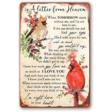 YADUE Vintage Cardinal Sign Warm Wish Red Bird Metal Sign A Letter From Heavenn Poem Tin Sign for Home Wall Decor Decoration Memory Gift for Mom Dad Son Girl 12x8inch Cover