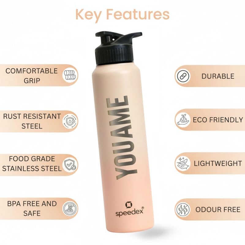 Image of Speedex Customised Stainless Steel Water Bottle 1 Ltr with Name - Personalised Engraved Sipper Cap Bottle for Kids, Men & Women, School, Gym, Office Peach Orange, Set of 1