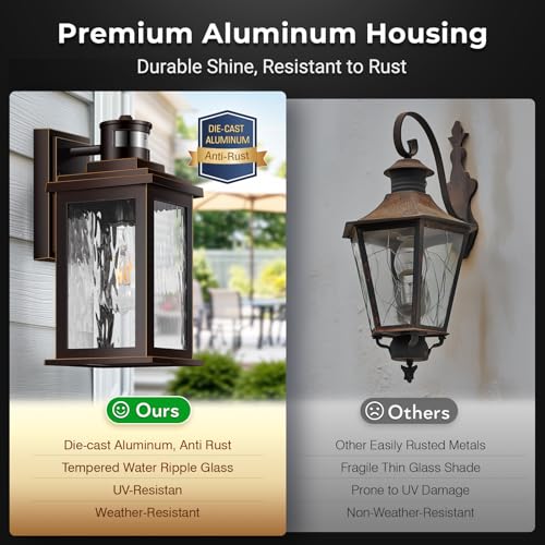 Image of VIANIS Motion Sensor Outside Light for House, Aluminum Porch Lights Outdoor | Oil-Rubbed Bronze, Tempered Ripple Glass, Dimmable, Waterproof Outdoor Light Fixtures Wall Mount for Garage, Garden, Entrance