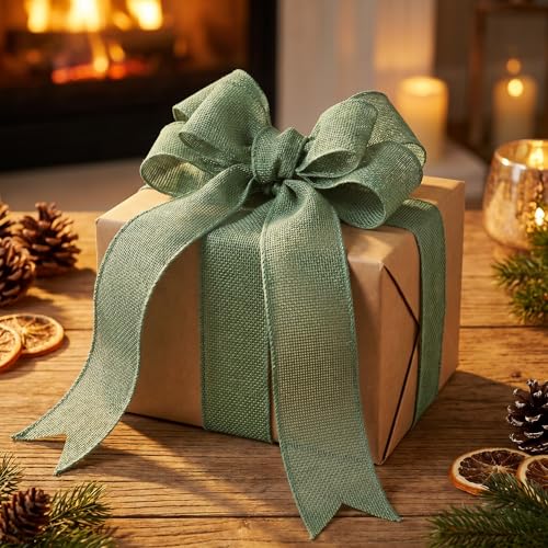AFLZSP Saga Green Burlap Wired Ribbon, Solid Ribbon with Wire Edge for Big Bow, Wreath, Tree Decoration, Halloween, Thanksgiving Decoration, Gift Wrapping, 1 1/2 Inch x 5 Yards/Roll. — view 3