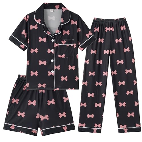 Hupohoi Girls Pajamas Short Sleeve Long Pants and Shorts 3 Piece Sleepwear Button Down Outfit with Pockets Loung Sets Cute Patterns, Pink Bowknot, 10