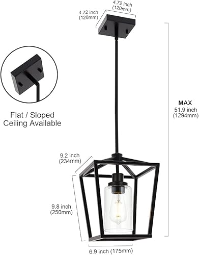 Miniatura 3 de Lámpara colgante de metal de 1 luz, color negro mate, lámpara colgante industrial con vidrio transparente para comedor, isla de cocina