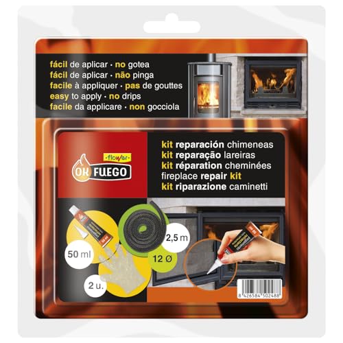 Flower - Kit de Reparación para Chimenea | Junta de Fibra de Vidrio 2.5 m | Pegamento Refractario | Incluye Guantes Resistentes al Calor | Compatible con Calderas y Estufas, Negro