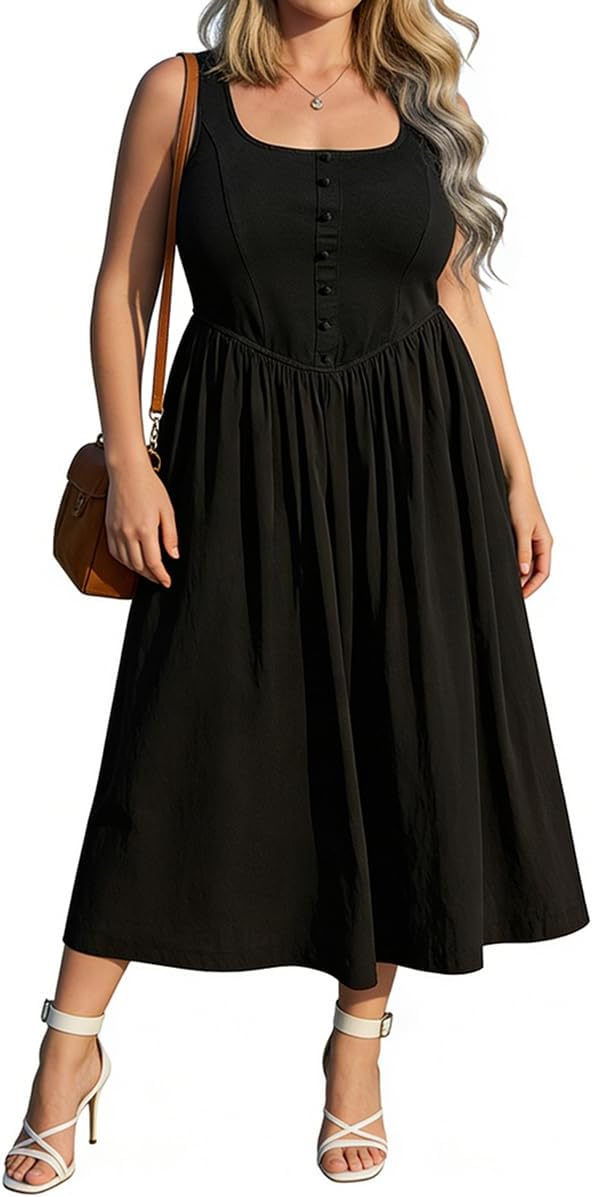 RITERA Plus Size Summer Dresses for Curvy Women Maxi Square Neck Sleeveless Casual Beach Sundress with Pockets, Flowy Dress