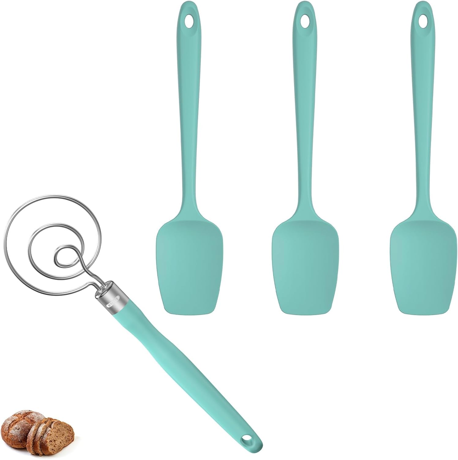 U-Taste 600ºF High Heat Resistant Silicone Spoon Spatula Set of 3 and 12.6in Stainless Steel Danish Dough Whisk(Aqua Sky)