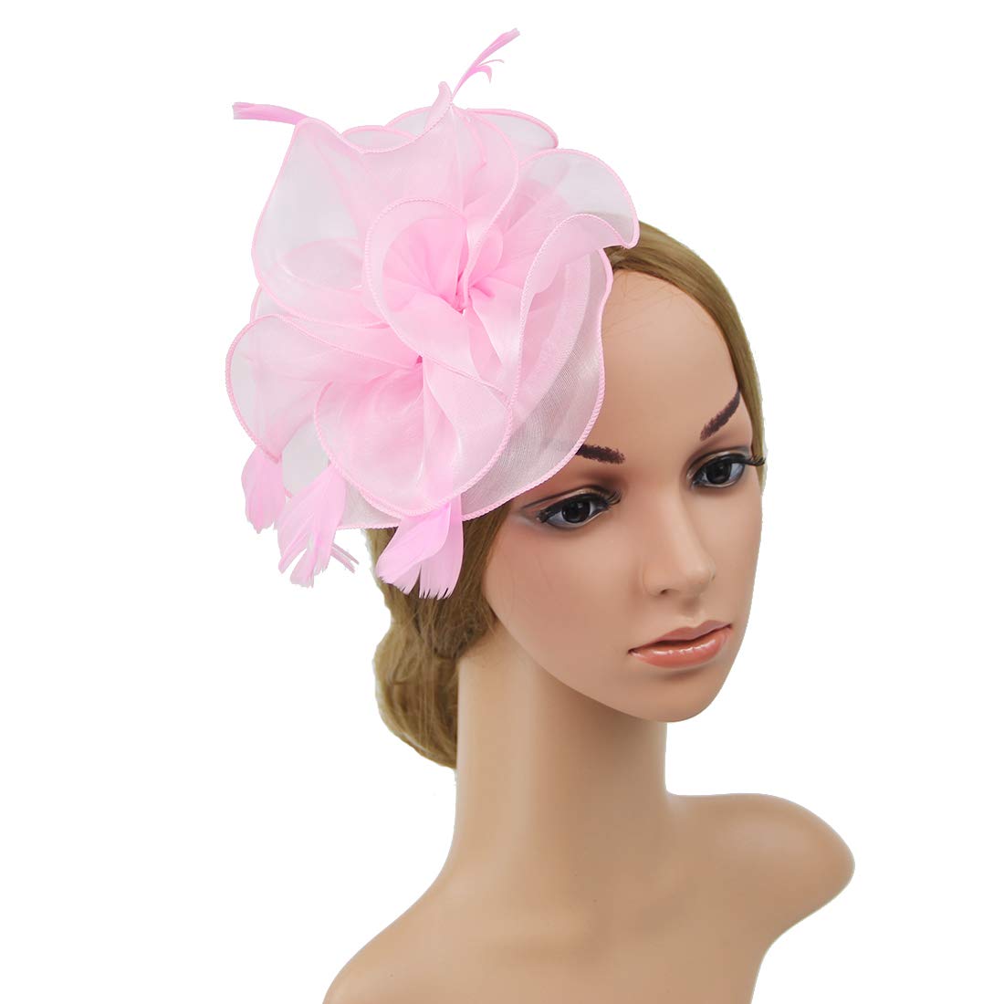 DRESHOW Fascinators Hat for Women Cocktail Tea Party Headwear Flower Mesh Ribbon Feathers Headband, 16-peach - Image 3
