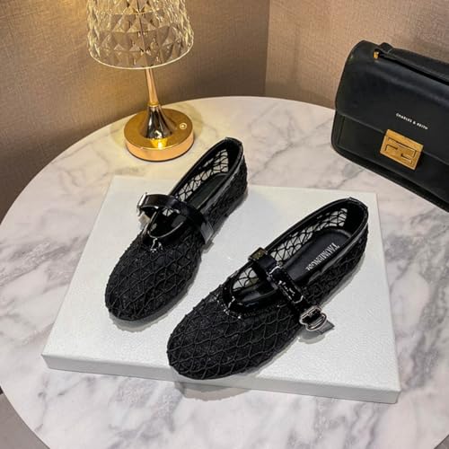 Fishnet Ballerina Flat Shoes for Women Mesh Ballet Flats with Buckle Strap Comfy Casual Office Fishnet Flat Shoes3