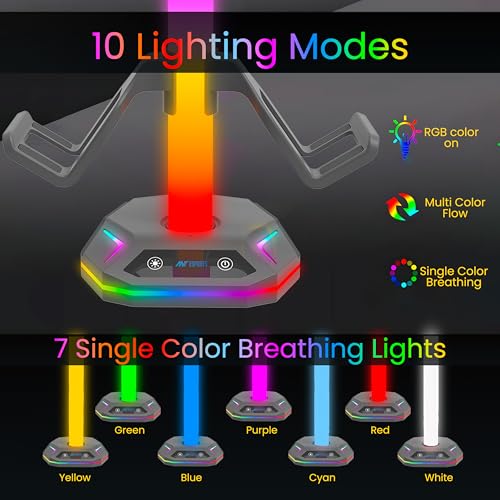 Image of Ant Esports RGB Headset Stand, Gaming Controller Stand with 2 USB Charging Ports,10 Light Modes Headset Holder PC / PS5 / Xbox Gaming Accessories, Suitable for All Headset Black