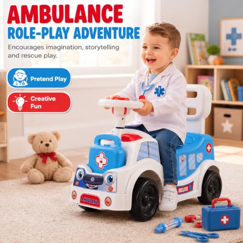 Image of Ambulance Ride On Toy for Kids 2-5 Years with LED Emergency Lights, Siren Sound, Front & Rear Storage, Foot to Floor Ride On Car with Comfortable Backrest, Kids Ride On Car for Boys & Girls