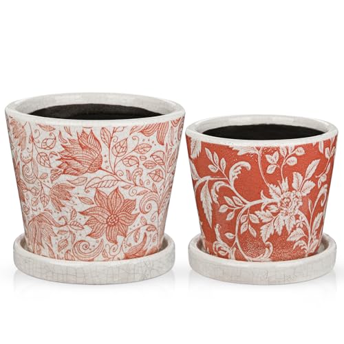 Oairse Lot de 2 pots de fleurs décoratifs en céramique pour intérieur et intérieur avec trous de drainage et soucoupes Rose 12 cm 10 cm