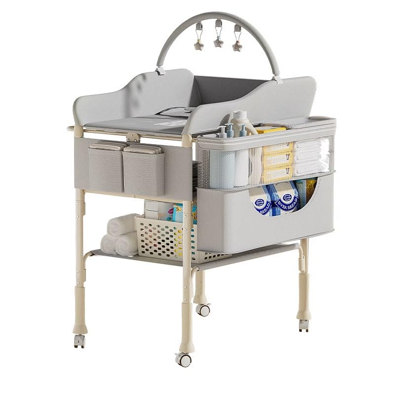 Diaper Changing Station Cum Baby Changing Table with Storage Baskets, Wheels & Hanging Toy Arch – Portable Nursery Organizer, High Carbon Steel Frame (Grey)-picture-41