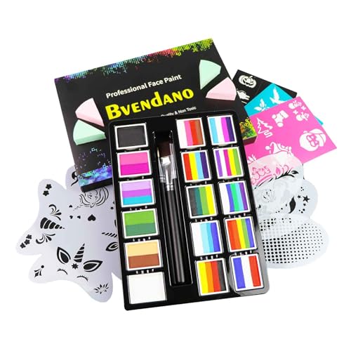 BVENDANO 16x10 gm Face Paint Professional Face Painting Kit for Adults with Stencils, Water Based Facepaint One Stroke Split Cake Palette Rainbow Body Paint Party Halloween Makeup Set