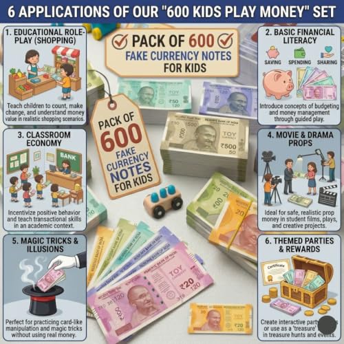 Image of (Pack of 600 Pieces) Fake Money for Kids | Indian Currency Notes Learning Set - Educational Play Money for Kids, Pretend Play Toy, Montessori Counting and Money Learning Kit | Artificial Notes
