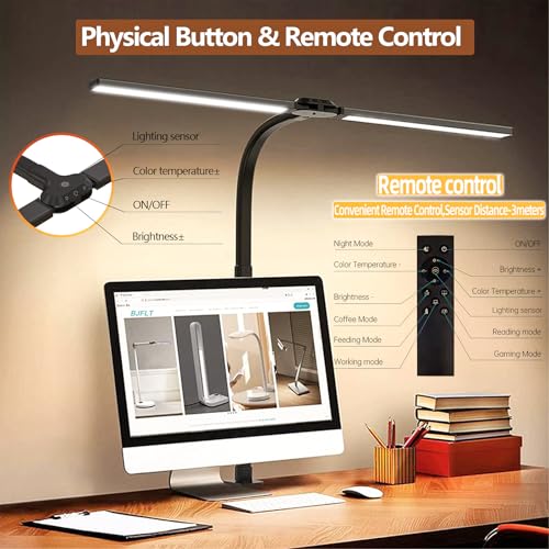 Image of LED Desk Lamp for Office Home,24W Double Head Architect Desk Lamp with Clamp,Remote Control,Ultra Bright Auto Dimming,Stepless Lighting,Flexible Gooseneck Dimming Table Light