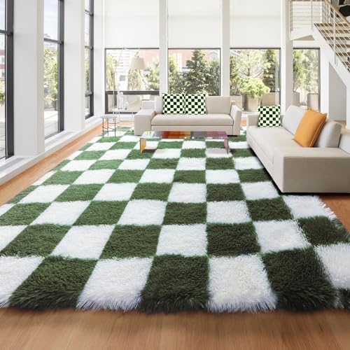 Image of KICMOR 8x10 Area Rugs for Living Room, Large Soft Fluffy Checkered Big Fuzzy Shag Shaggy Bedroom Carpet, Olive Green and White Plush Floor Rug for Kids Boys Girls Dorm Nursery Home Decor Aesthetic