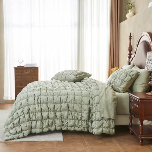 Image of Green Comforter Set King Size Bed in A Bag 7 Piece Pinch Pleat Bedding Set, Pintuck Ruched Square Bed Set with Comforter, Sheets, Pillowcases & Shams
