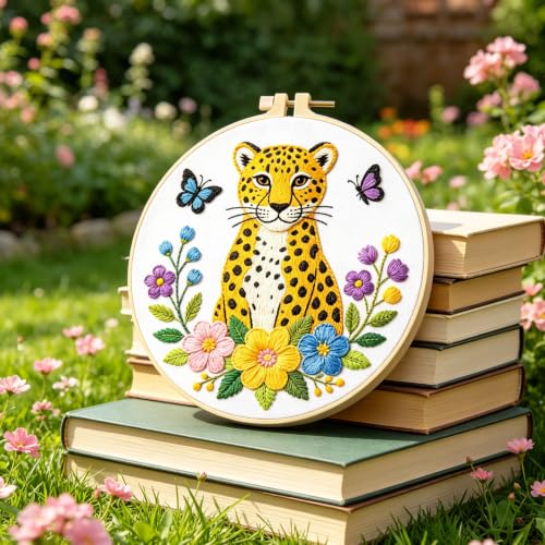Image of INFUNLY 4Pcs Floral Leopard Embroidery Kit 12 Inch Pre-Printed Jungle Cheetah Needlework Set with Floss Hoop for Boho Wildlife Wall Decor Jungle Animal Lovers Gift
