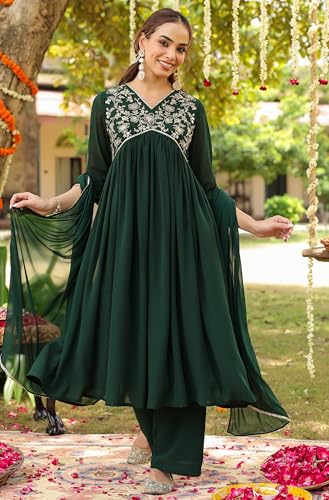 Image of Janasya Women's Georgette Zari Yoke Embroidered A-line Kurta Set