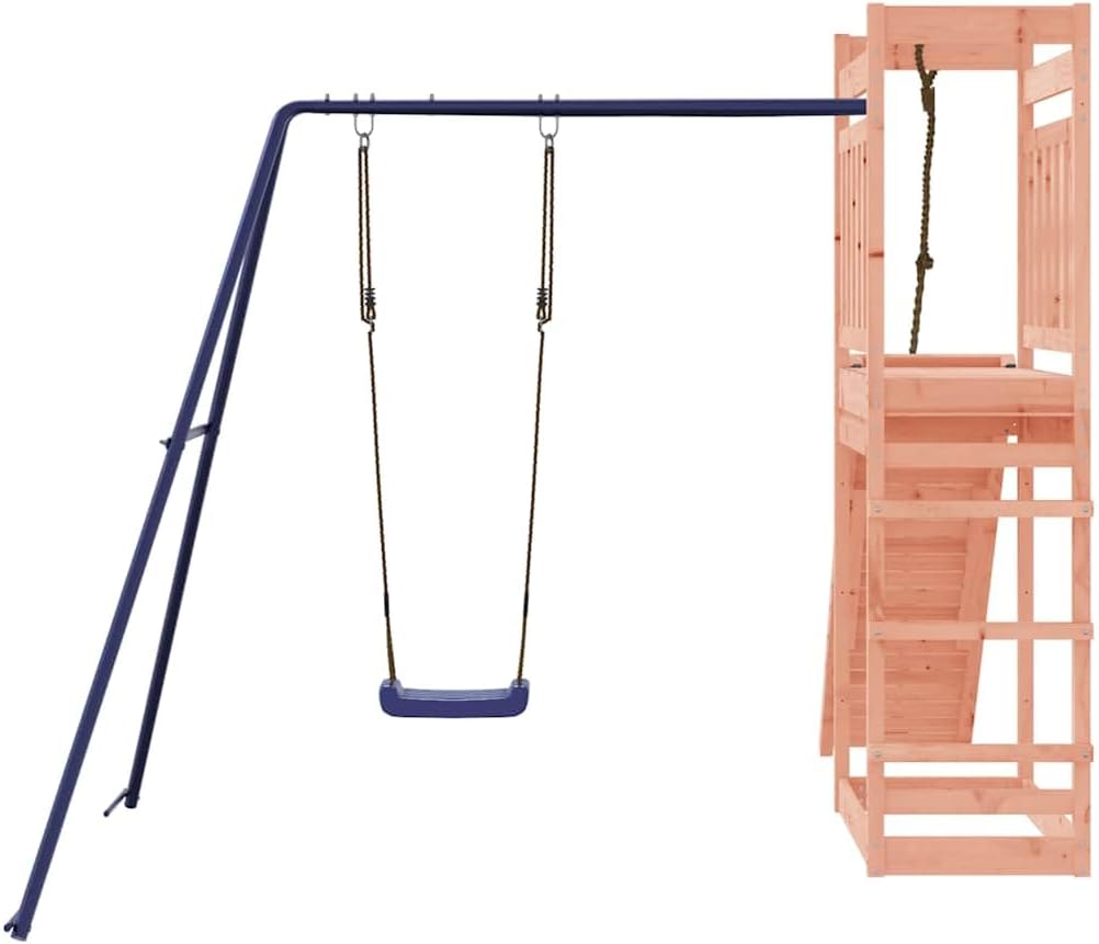 Outdoor Wooden Playset with Climbing Wall and Swing, Solid Douglas Fir Wood Rustic Design for Backyard, Sturdy A-Shaped Legs and Polypropylene Swing Seat