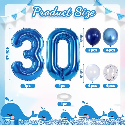 Image of Number 30 Balloon Pastel Blue for Kids, XXL 30th Birthday Decor Foil Balloon Dark Navy Blue with Silver Confetti Helium Balloon, 40 Inch Balloon 30 for Women Birthday Party Men Anniversary Decorations