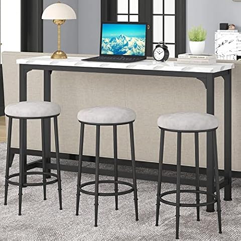 HOMYSHOPY Bar Table Set for 3, 4 Piece Console Table with 3 Stools, Counter Height Kitchen Table Set with 3 Chairs for Breakfast Nook, Living Room and Apartment (White & Black) Cover