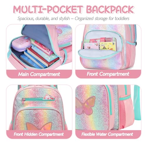 Image of Girls Backpack 5-8,Kindergarten Elementary School Kids Backpack for Girls,Lightweight Butterfly Bookbag with Chest Strap