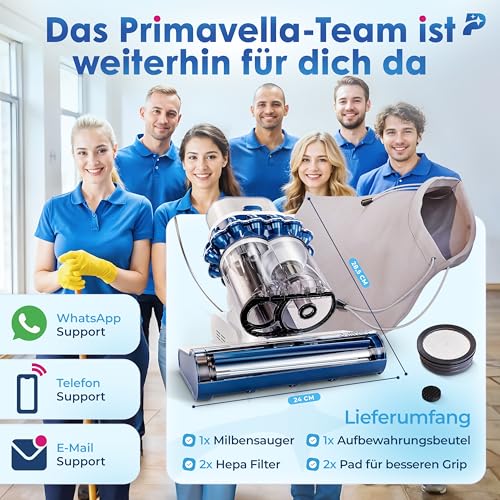 Primavella ​– Milbenstaubsauger für Matratze/Bett ​– Staubmilben-Sauger mit UV-Licht ​+ ​HEPA-Filter ​– Sofa-/Couch-Reinigungsgerät für Insekten ​+ ​Tierhaare