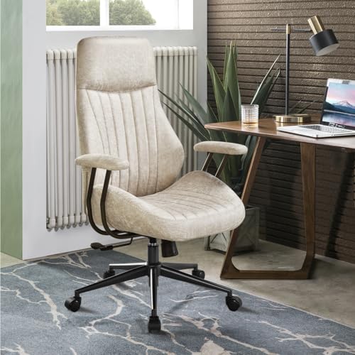 Image of ovios Ergonomic Office Chair, High Back Faux Leather Executive Chairs with Armrests, Comfy Mid-Century Modern Swivel Rolling Computer Armchair (Beige, Suede Leather)
