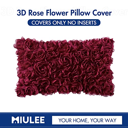 Miulee 3D Decorative Romantic Stereo Chiffon Rose Flower Throw Pillow Cover Solid Square Pillowcase For Decoration Sofa Bedroom Car 12X20 Inch 30X50 Cm Wine Red Valentines Day #TOP5