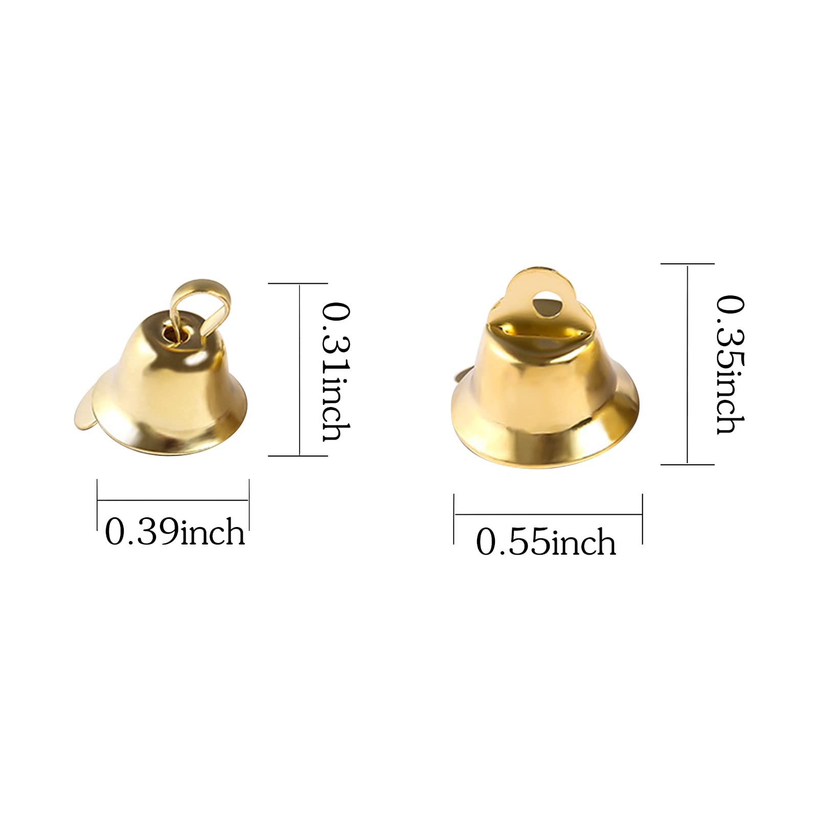 100PCS Small Gold Bells Mini Bells for Crafts,50PCS 0.39 Inch and 50PCS 0.55 Inch Decorative Bell Christmas Tree Pendants for Craft Making and Favor Decorating