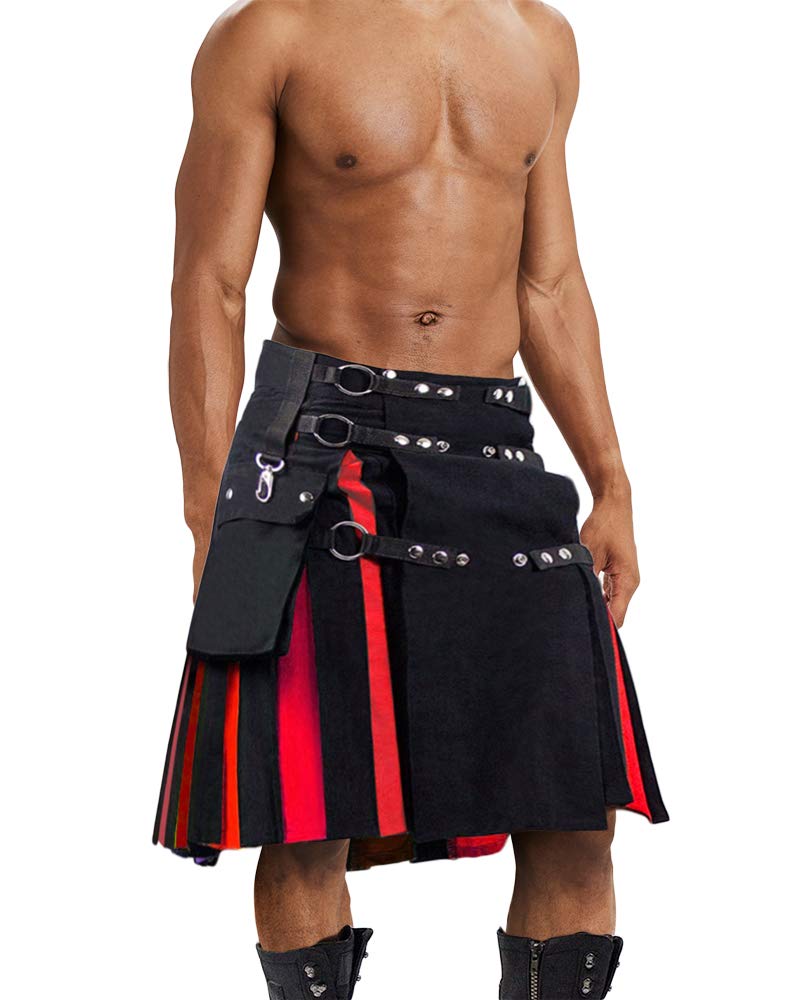 Mens Scottish Utility Kilt Black Black & Irish Tartan Hybrid Royal Stewart Pockets Kilt Pin - red - Medium
