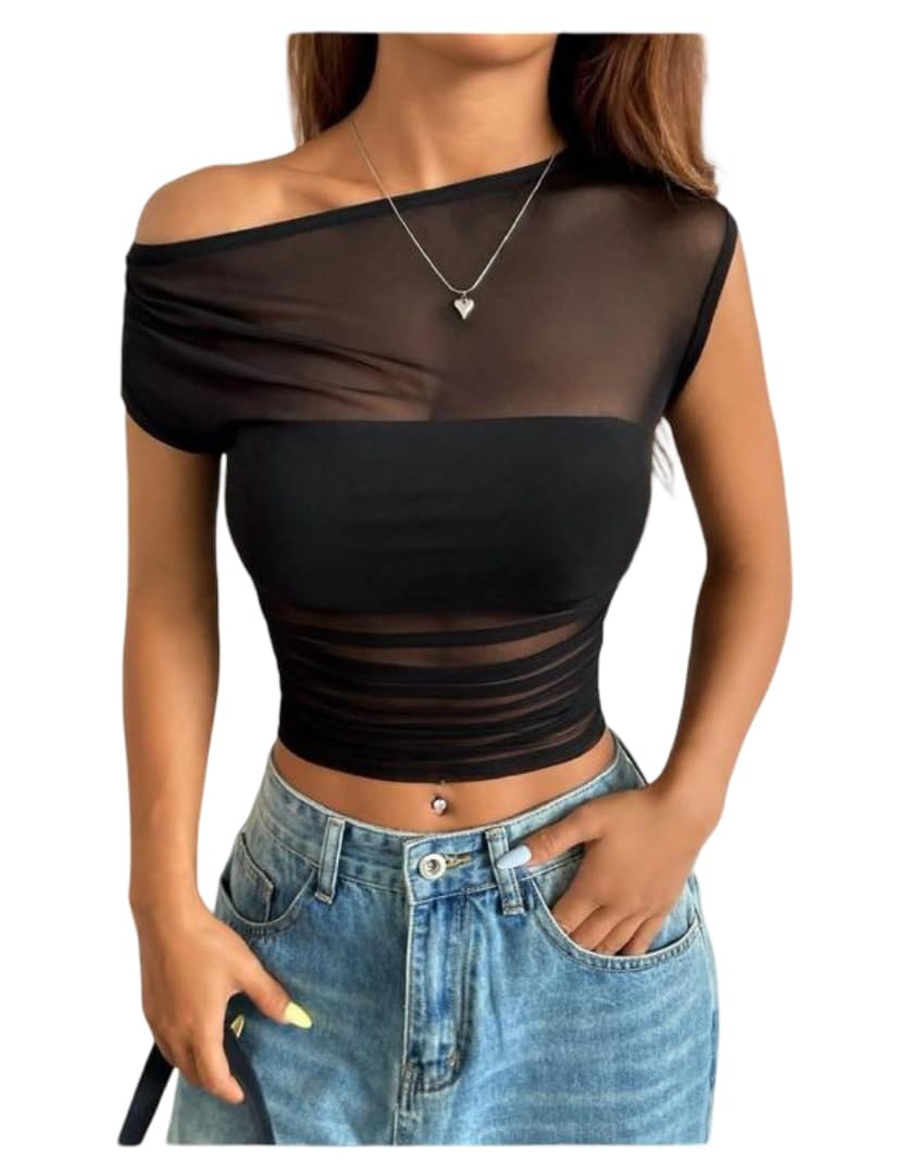ootdfy Women's One Shoulder Mesh Crop Top – Short Sleeve Slim Fit Tee, Breathable & Stylish, Casual Summer Shirt, Trendy Clubwear & Workout Activewear-picture-39