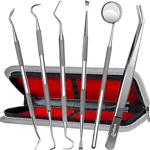 Image of Boston Tech Dental Tools Kit, 6-Piece Plaque Remover and Tartar Scraper Set with Dental Picks, Mirror, Tweezers and Storage Case for At-Home Teeth Cleaning, Gray